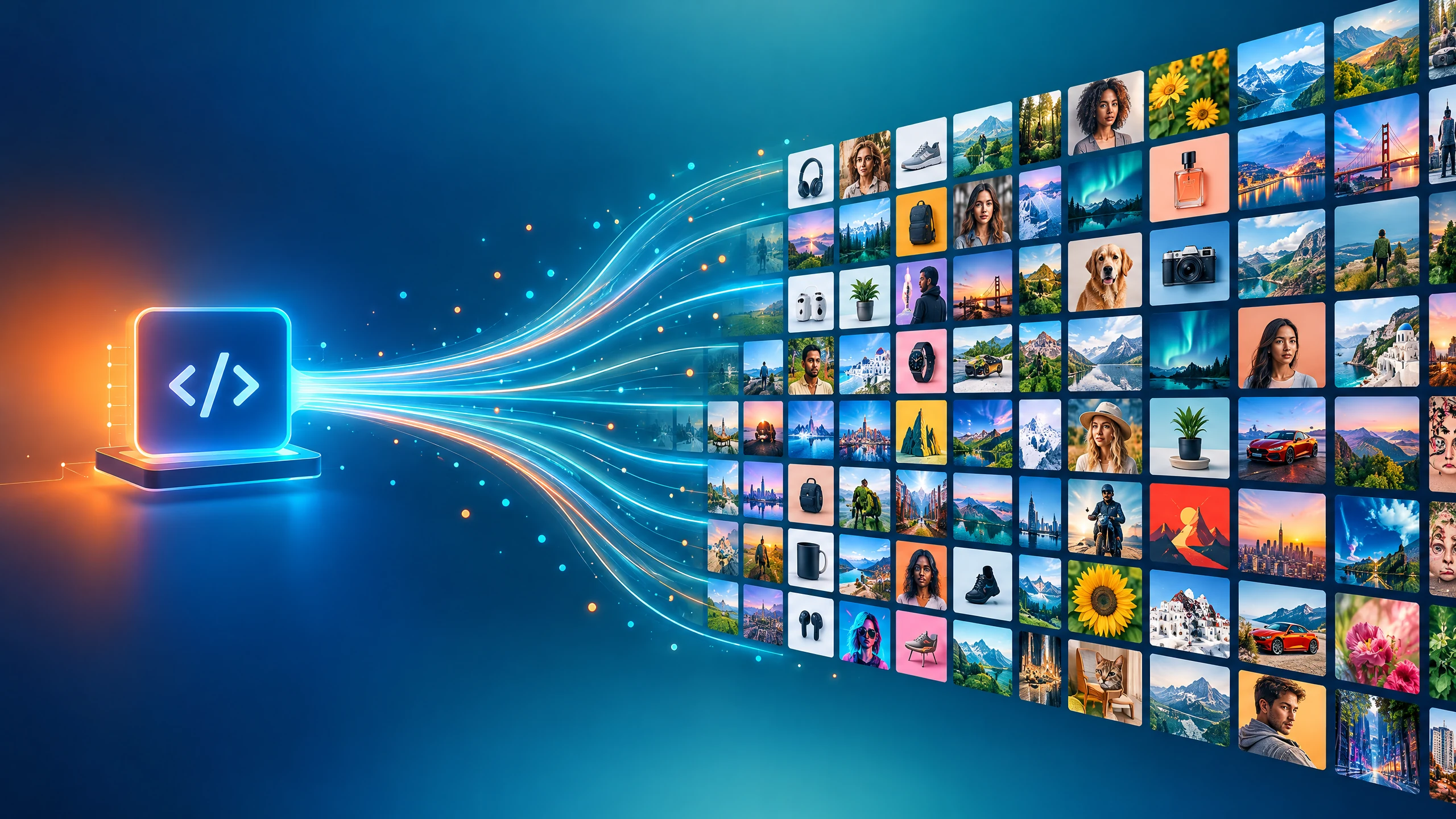 One API request branching into a wall of generated images